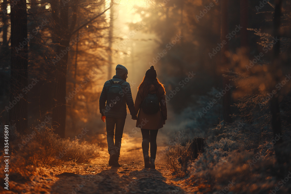 couple waling in a forest in autumn couple waling in a forest in autumn