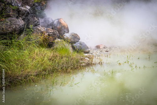 shiraike jigoku, 7 hells of beppu, jigoku, hot springs, kyushu, japan, white pond hell, asia photo