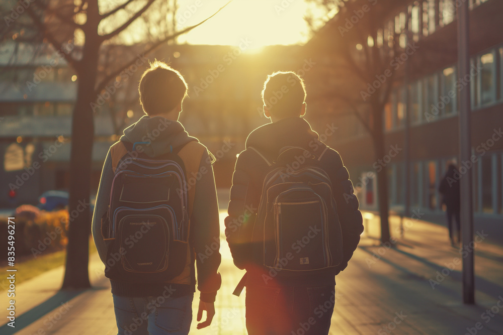 two friends walking to school in autumn two friends walking to school in autumn