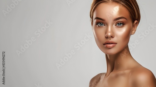 A young woman with glowing skin looks at the camera. This is a studio portrait. Enhanced lighting highlights facial features. Perfect for skincare product promotion. AI