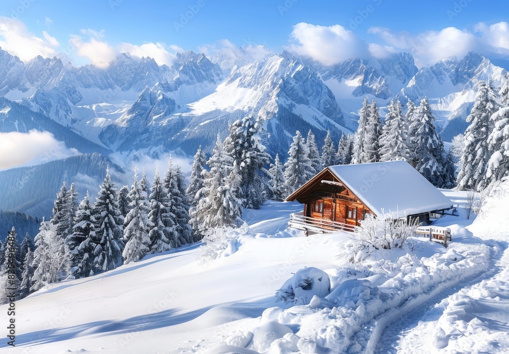 Deep snow-covered chalets on Riederalp, in the Aletsch area, Upper Valais, Valais, Switzerland, Europe, at the back of the Dom, 4545 m, and Matterhorn, 4478 m. Deep snow-covered chalets on Riederalp, in the Aletsch area, Upper Valais, Valais, Switzerland, Europe, at the back of the Dom, 4545 m, and Matterhorn, 4478 m.