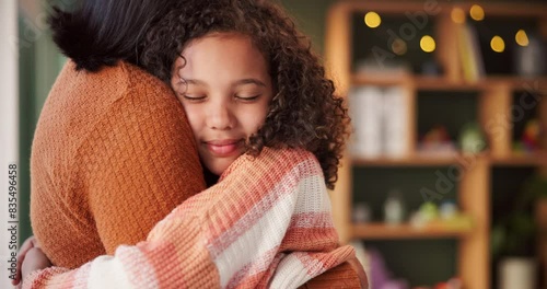 Home, hug and mother with girl, kid and adoption with love, happiness and bonding together. Apartment, single parent and mama with daughter, embrace and support with trust, reunited or care in lounge