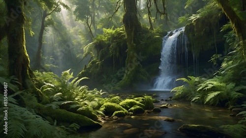 a tranquil rainforest with a hidden waterfall