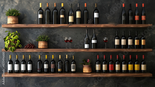 Wine Bottles Displayed on Wooden Shelves with Plants
