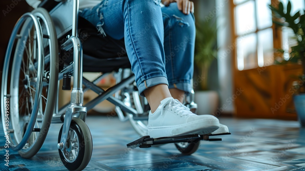 Obraz premium Person in wheelchair wearing casual jeans and sneakers. Mobility aid and daily life activity. Comfortable home setting. AI