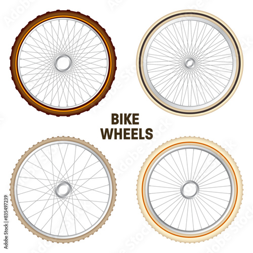 Realistic 3d retro bicycle wheels. Vintage bike rubber tyres, shiny metal spokes and rims. Fitness cycle, touring, sport, road and mountain bike. Vector illustration