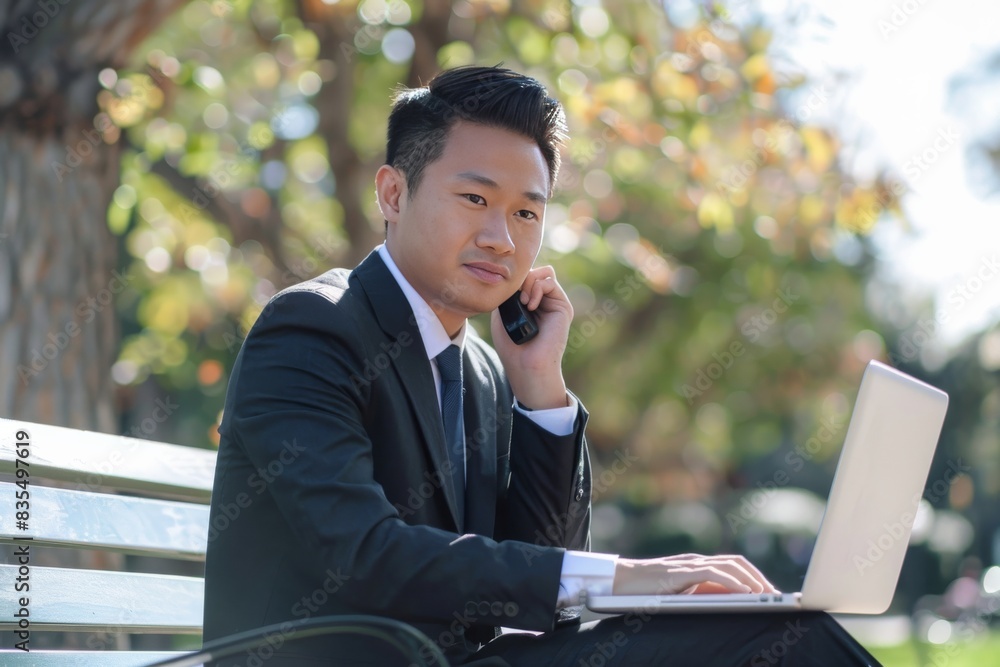 Young busy Asian businessman executive working on a laptop while making a call on a park bench in the afternoon Young busy Asian businessman executive working on a laptop while making a call on a park bench in the afternoon