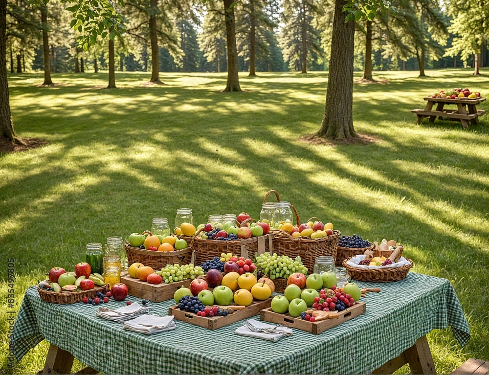 picnic table with a variety of fresh fruits on top. picnic table with a variety of fresh fruits on top.