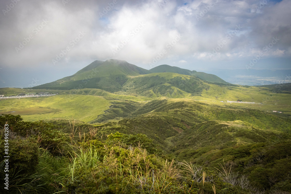 Fototapeta premium view from Mount Eboshi, Eboshidake Near Mount Aso, Kyushu, volcano, caldera, mountains, hike, trekking