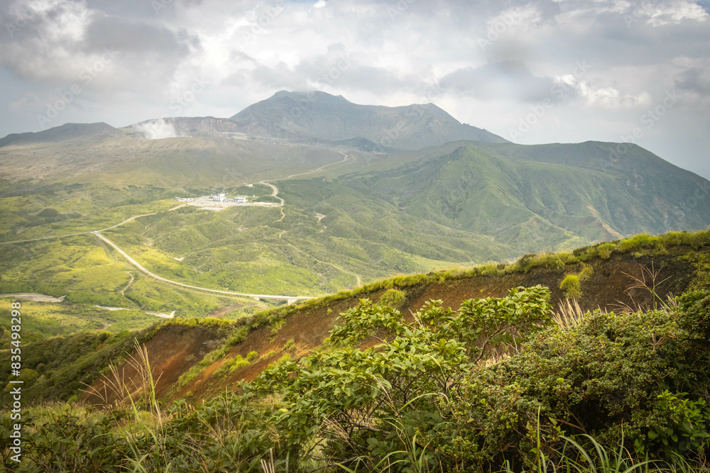 Obraz premium view from Mount Eboshi, Eboshidake Near Mount Aso, Kyushu, volcano, caldera, mountains, hike, trekking
