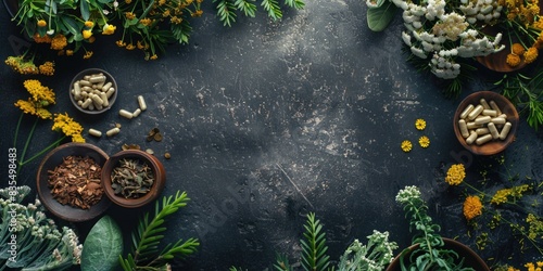 A colorful arrangement of various herbs on a wooden table