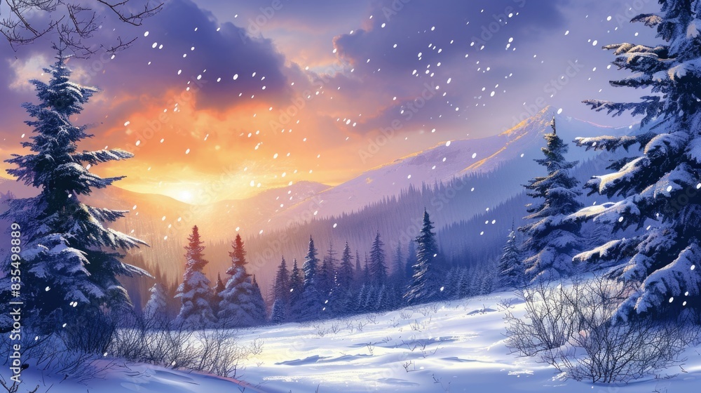 A serene snowy scene with evergreen trees and a calm atmosphere A serene snowy scene with evergreen trees and a calm atmosphere