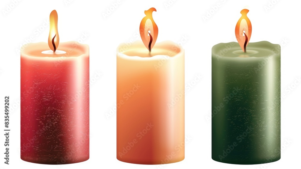 A close-up shot of a set of three differently colored candles placed on a plain white background A close-up shot of a set of three differently colored candles placed on a plain white background