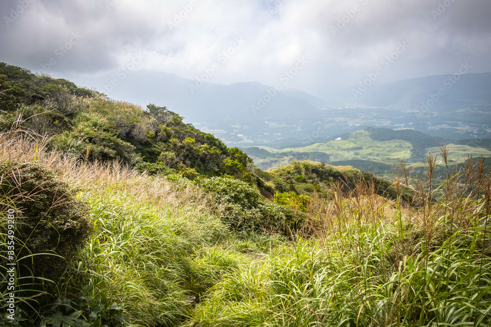 Fototapeta premium view from Mount Eboshi, Eboshidake Near Mount Aso, Kyushu, volcano, caldera, mountains, hike, trekking