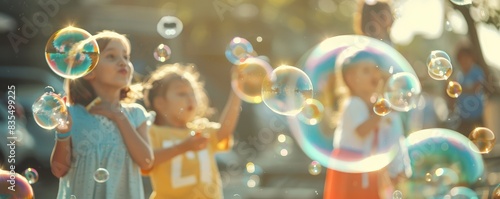 Joyful moment as a child in orange shirt blows bubbles on a sunny day, with sunflare and bokeh effect.