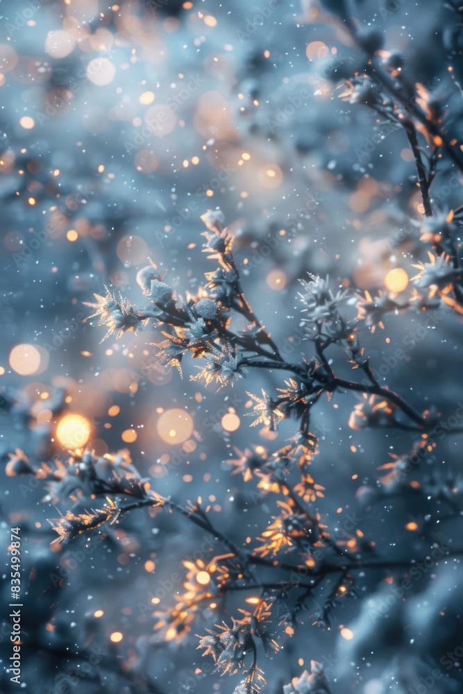 A collection of snow-covered tree branches in the winter landscape A collection of snow-covered tree branches in the winter landscape