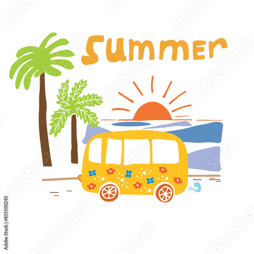 Hand drawn background hippie bus with palm and sunset