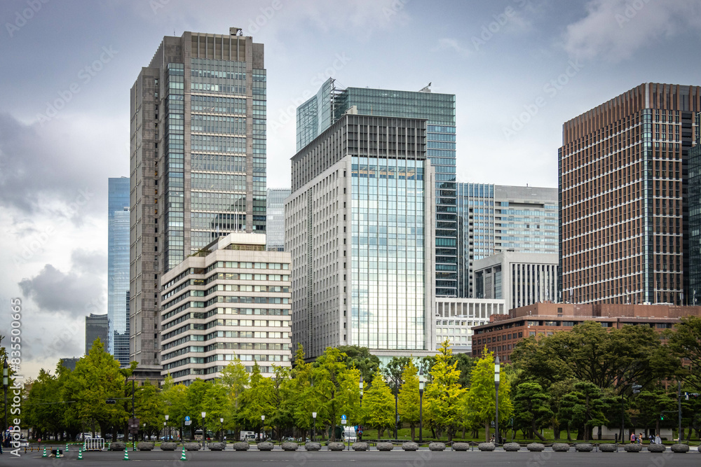 japanese garden in front of marunouchi buildings, skyline, skyscrapers, tokyo, japan, asia japanese garden in front of marunouchi buildings, skyline, skyscrapers, tokyo, japan, asia