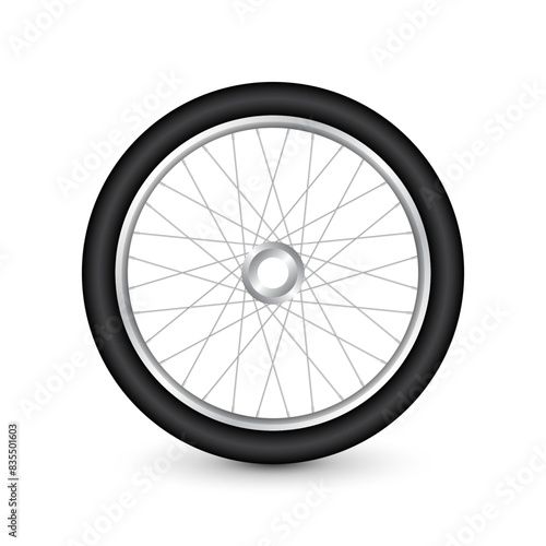 Realistic 3d bicycle wheel. Bike rubber tire, shiny metal spokes and rim. Fitness cycle, touring, sport, road and mountain bike. Vector illustration