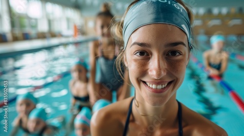 Portrait of swimming coach with students in group aqua training class in gym