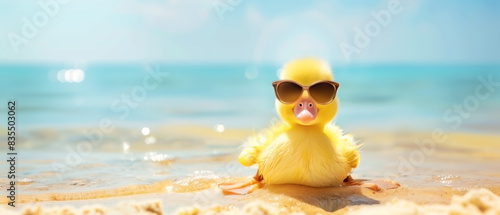 YELLOW DUCK WITH SUNGLASSES IN THE SAND. SUMMER.