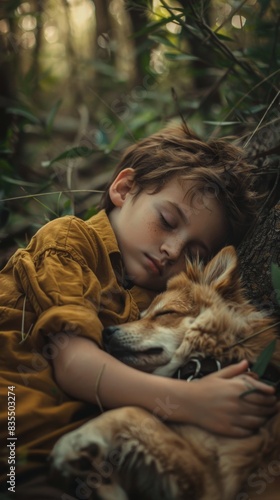 A young boy is hugging a dog in the woods