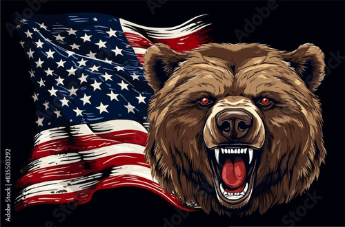 Vector design for t-shirt.  Ferocious bear on background
of national flag of usa is fluttering in wind. 
Fashionable print for fabric, paper, men clothing.
T shirt mockup in american style.
