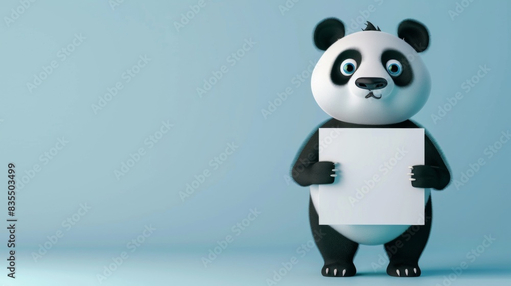 A cartoon panda holding a placard over plain background.