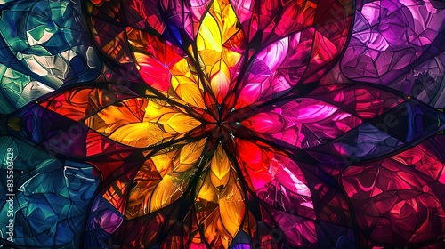 Stained glass floral. Stained glass style with abstract flowers  leaves and curls abstract background
