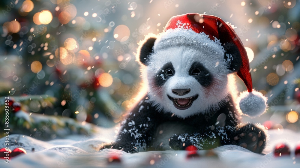 Cute panda with Christmas cap in snow field in winter. 3D illustration. Cute panda with Christmas cap in snow field in winter. 3D illustration.