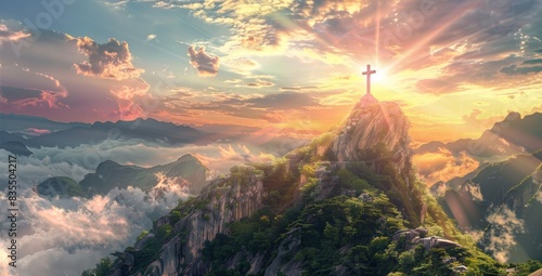 An inspiring Christian image of a cross at the top of a mountain with the sunrise breaking through the clouds.