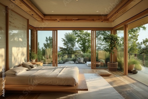 A tranquil bedroom featuring a floating bed, natural wood elements, and a serene, outdoor view through large glass doors © Muhammad