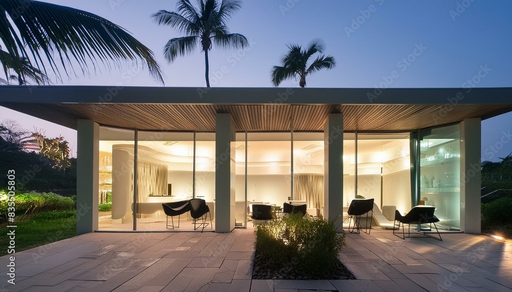 Modern beauty salon exterior with illuminated interiors, featured in a tropical setting Modern beauty salon exterior with illuminated interiors, featured in a tropical setting
