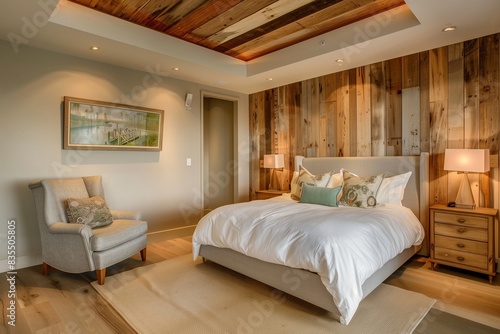 A tranquil bedroom with a recessed ceiling, natural wood finishes that accentuate the walls and furniture, and a distinctive armchair in the corner,  © Muhammad
