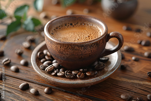 Coffee cup on saucer on wooden table  with coffee beans nearby