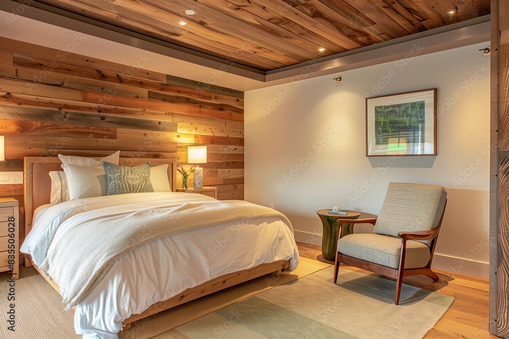 A tranquil bedroom with a recessed ceiling, natural wood finishes that accentuate the walls and furniture, and a distinctive armchair in the corner, A tranquil bedroom with a recessed ceiling, natural wood finishes that accentuate the walls and furniture, and a distinctive armchair in the corner,