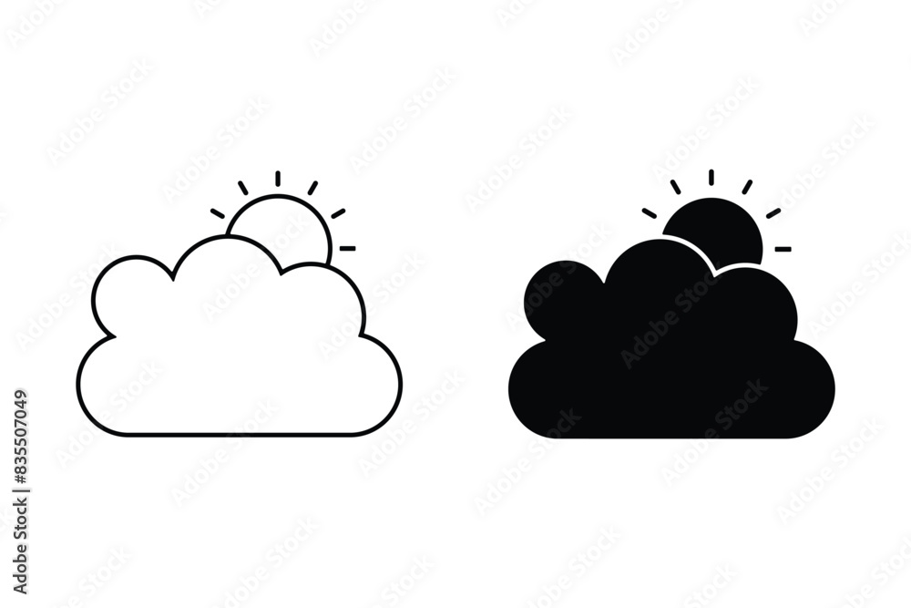 Summer in outline icon. Sun with clounds. Weather, season, sunrise Summer in outline icon. Sun with clounds. Weather, season, sunrise