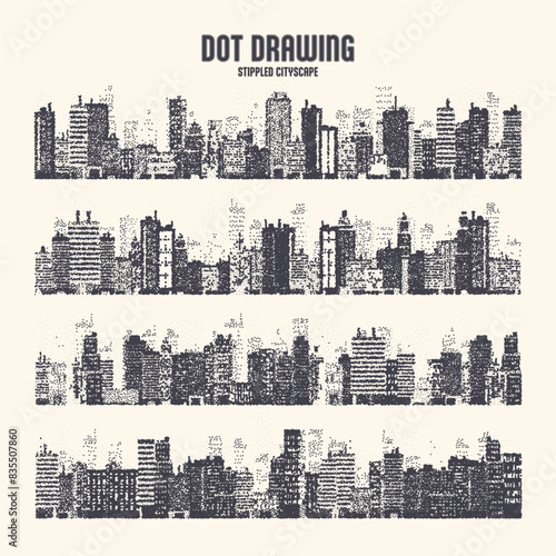 Stippled city silhouettes. Cityscape, town skyline. Midtown, downtown with buildings, houses and skyscrapers. Stippling, dot drawing and shading, stipple pattern, halftone effect. Vector illustration