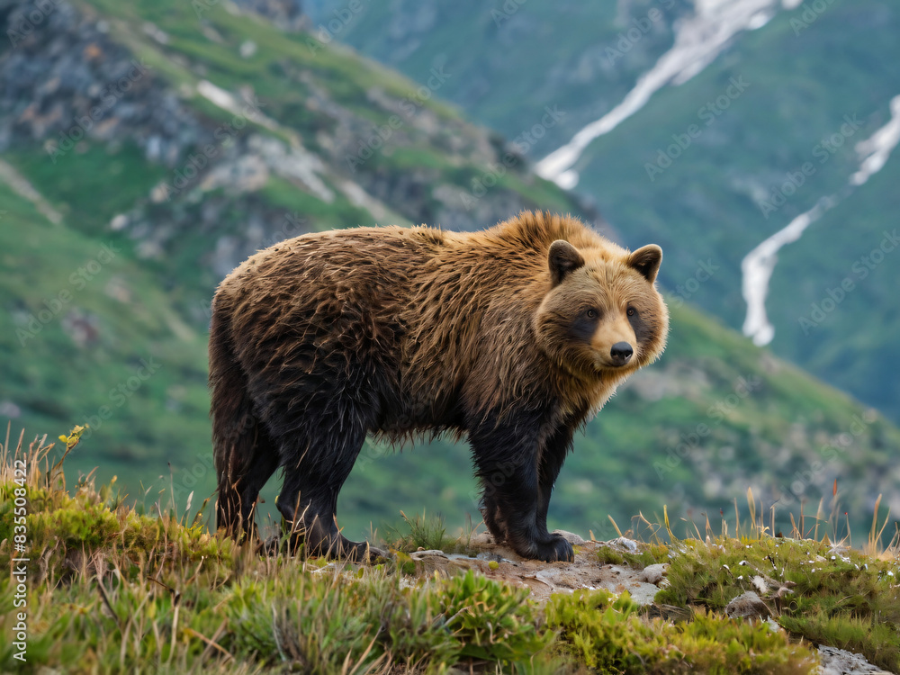 Bear standing on top of a hill looking for its next pray and chilling in the sun Bear standing on top of a hill looking for its next pray and chilling in the sun
