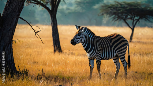 Zebra trapt durch die Savanne. Pferd, Zebra, bei einer Safari Tour. photo