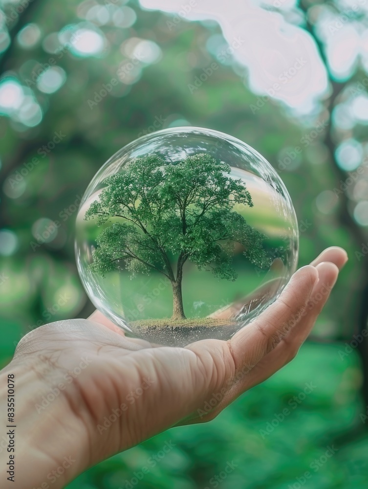 Person holding a glass orb with a tree Person holding a glass orb with a tree