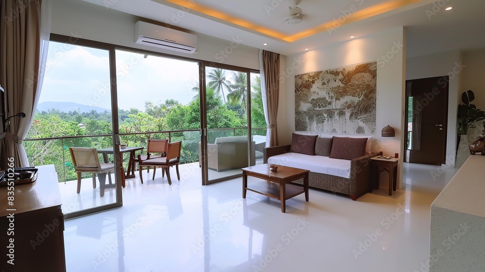 The Rooms white floors ,decorated with brown furniture,There are large open sliding. Generative Ai The Rooms white floors ,decorated with brown furniture,There are large open sliding. Generative Ai