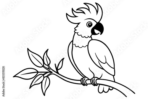 awesome funny cockatoo parrot line art vector cartoon on the tree