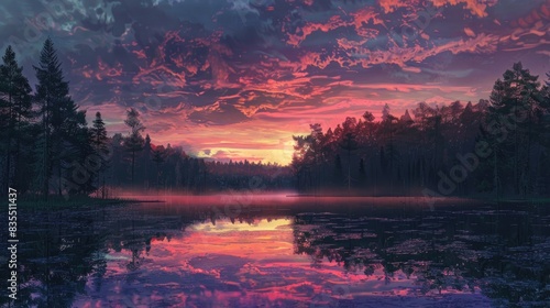 A scenic evening with a colorful sunset sky above a serene forest by a tranquil lake devoid of any individuals