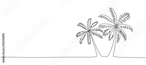  Palm trees, continuous editable single line drawing.   Summer vacation concept, relaxing at the seaside. Vector illustration   