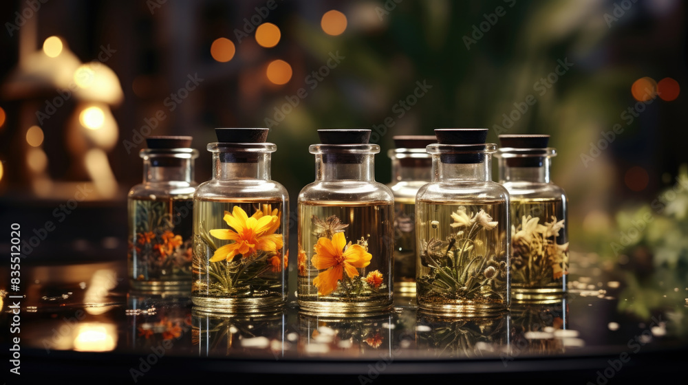 Small jars of glass oils with reflection on the glass surface. Flowers spa concept Small jars of glass oils with reflection on the glass surface. Flowers spa concept