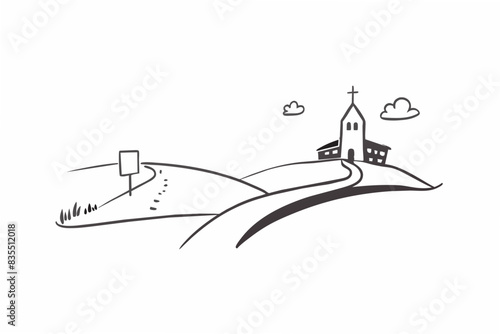 path to catholic church line art vector illustration