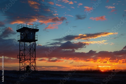military surveillance tower at sunset photo
