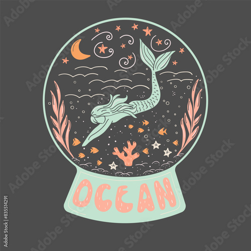 An artistically illustrated underwater world put into snow globe with name Ocean, featuring a mermaid, aquatic creatures, stars. Mystical vector made in soft hues, can be nice addon for designs.