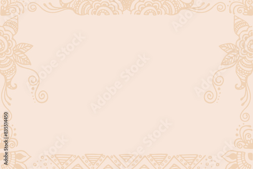 A decorative vintage border featuring Indian mehandi scrollwork patterns, flourishes, and leaf motifs in a soft tan color against a cream background. Great for copy space, ethnical, yoga designs.